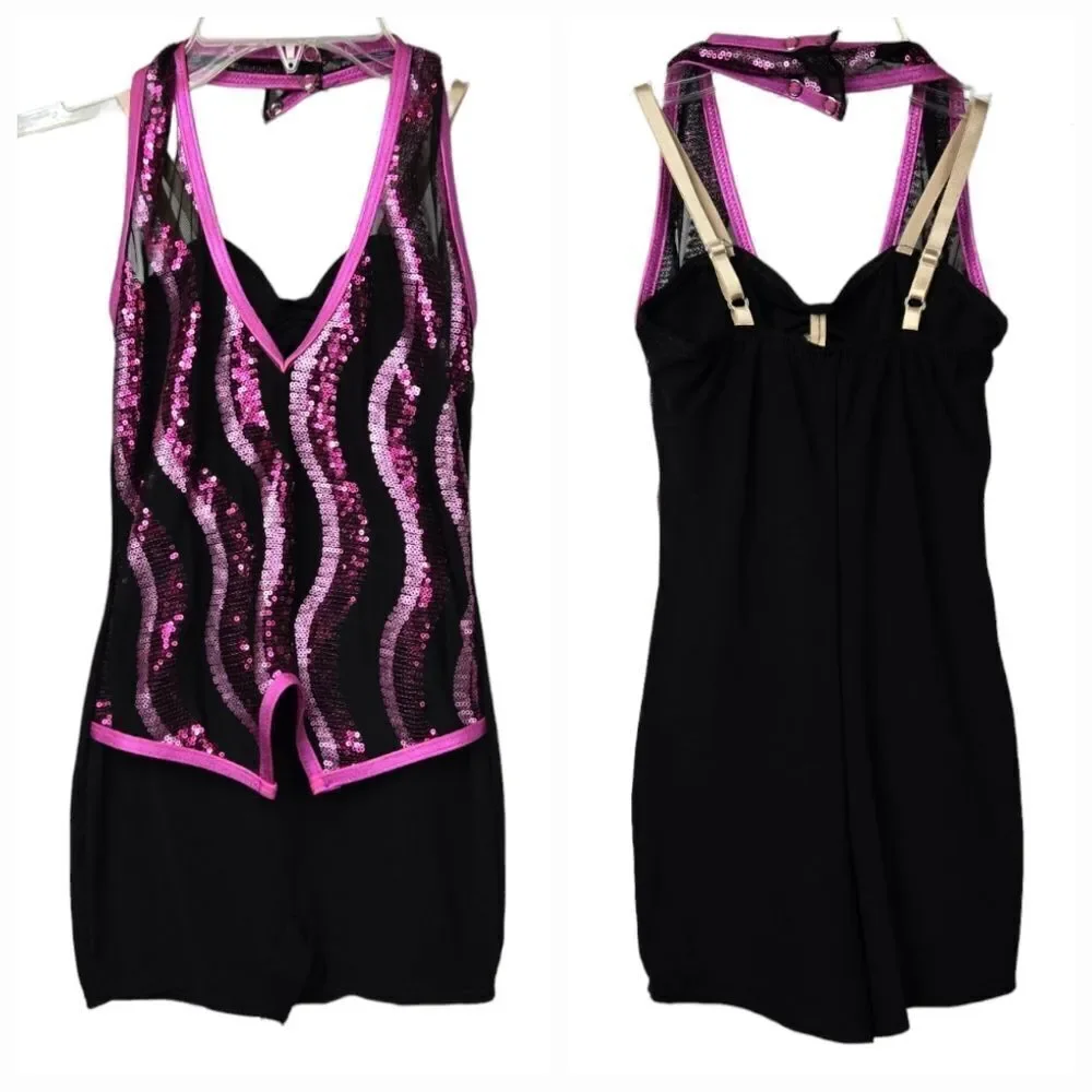 Girls Weissman Pink Sequin Halter Biketard Sleeveless Mesh Leotard Dance Costume